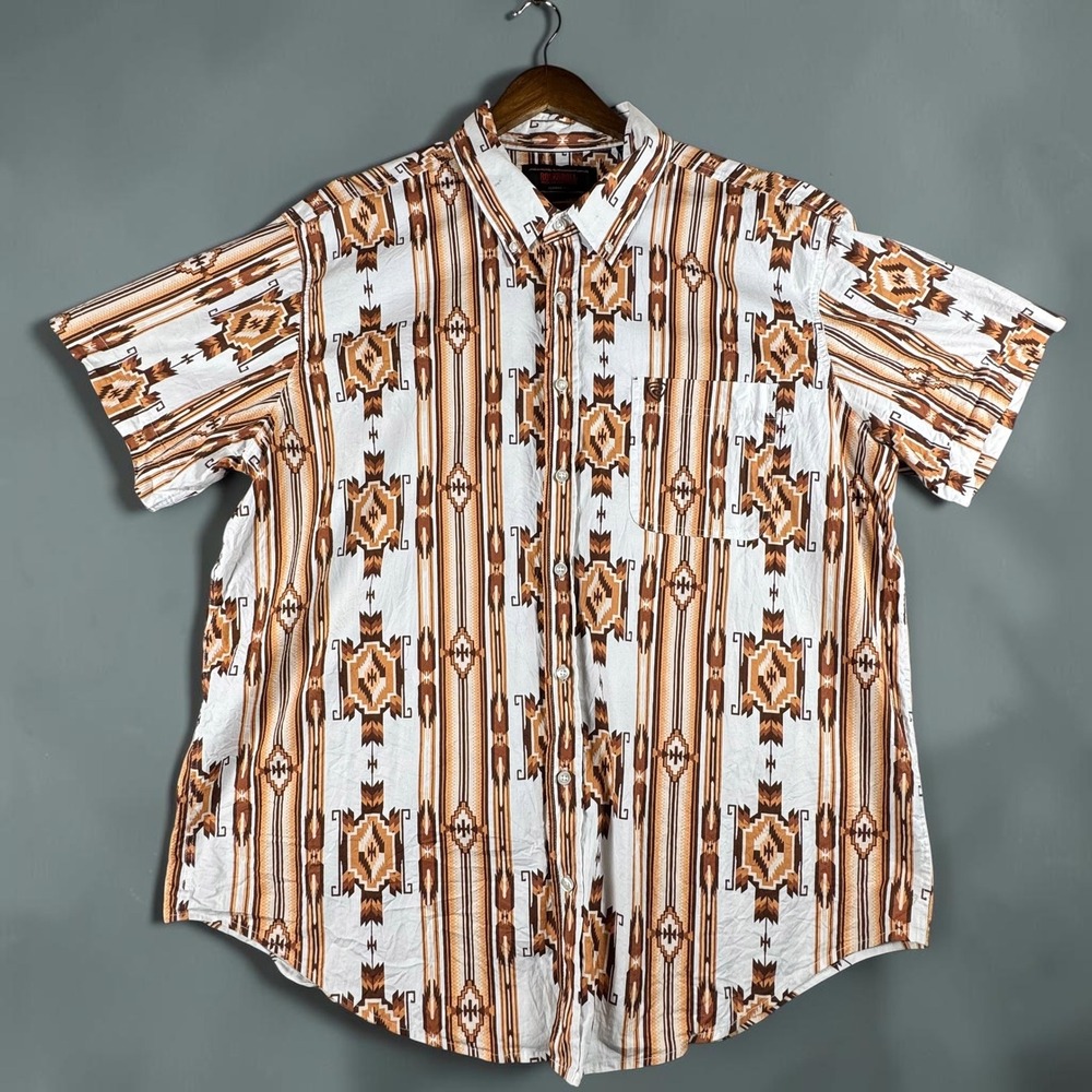 Rock and Roll Denim Mens XL Southwestern Tribal Print Button Down Shirt Brown